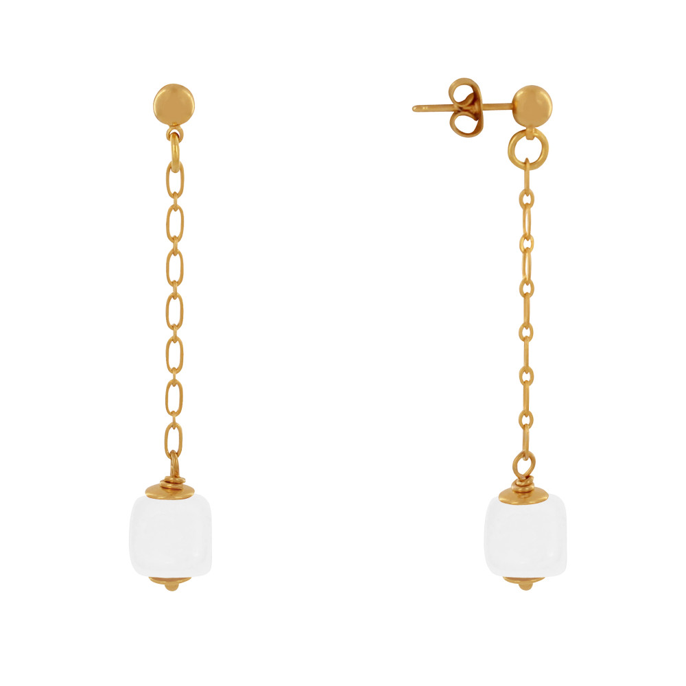 LES POULETTES BIJOUX Boucles d'Oreilles Chainette Laiton Doré et Cube en Céramique -