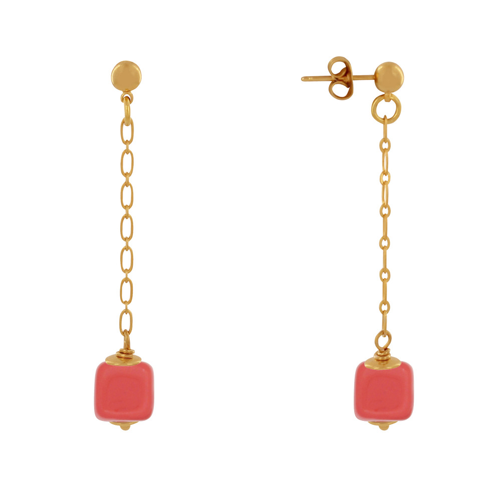 LES POULETTES BIJOUX Boucles d'Oreilles Chainette Laiton Doré et Cube en Céramique -