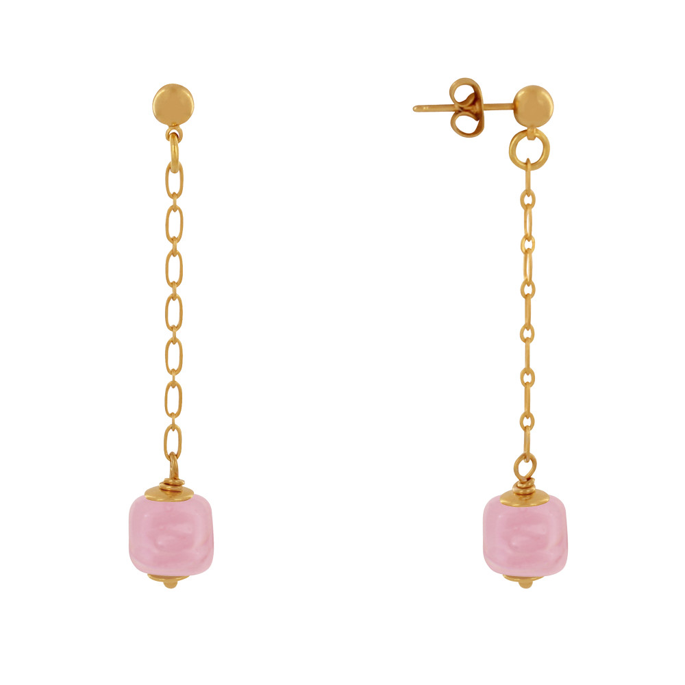 LES POULETTES BIJOUX Boucles d'Oreilles Chainette Laiton Doré et Cube en Céramique -