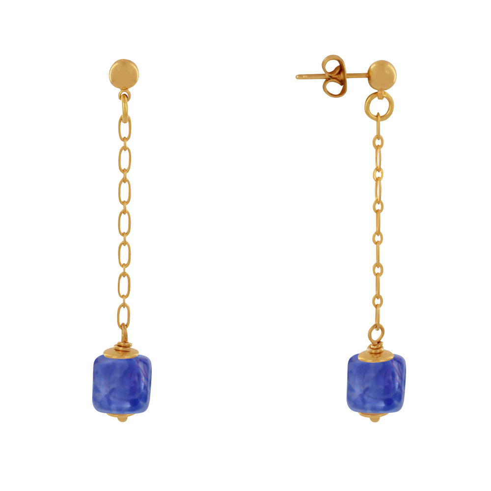 LES POULETTES BIJOUX Boucles d'Oreilles Chainette Laiton Doré et Cube en Céramique -