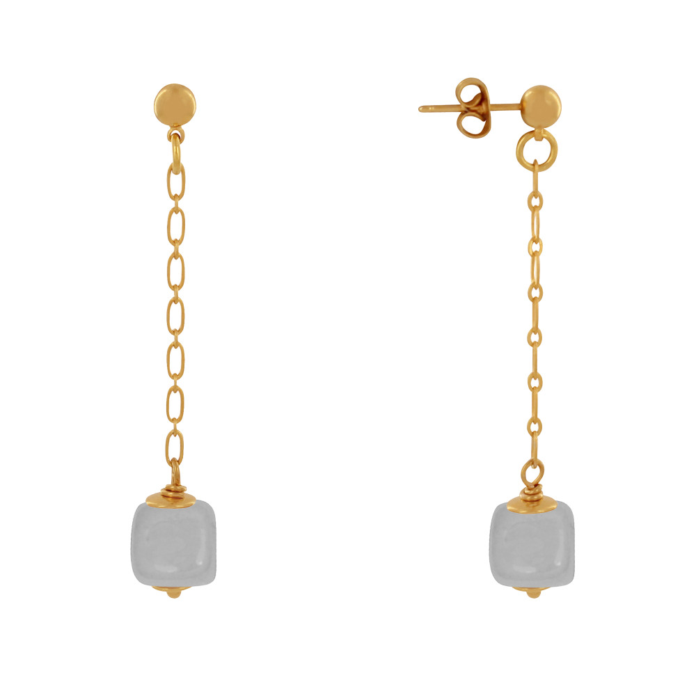 LES POULETTES BIJOUX Boucles d'Oreilles Chainette Laiton Doré et Cube en Céramique -
