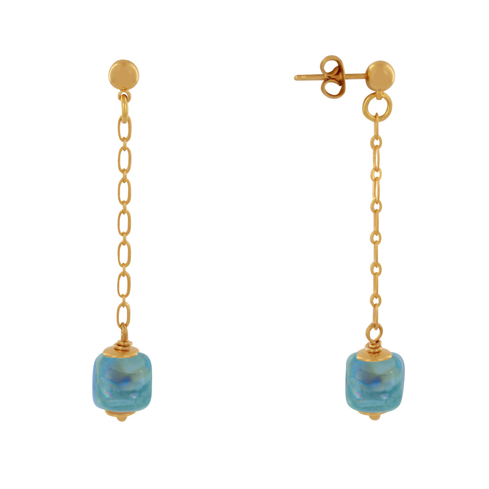 LES POULETTES BIJOUX Boucles d'Oreilles Chainette Laiton Doré et Cube en Céramique -