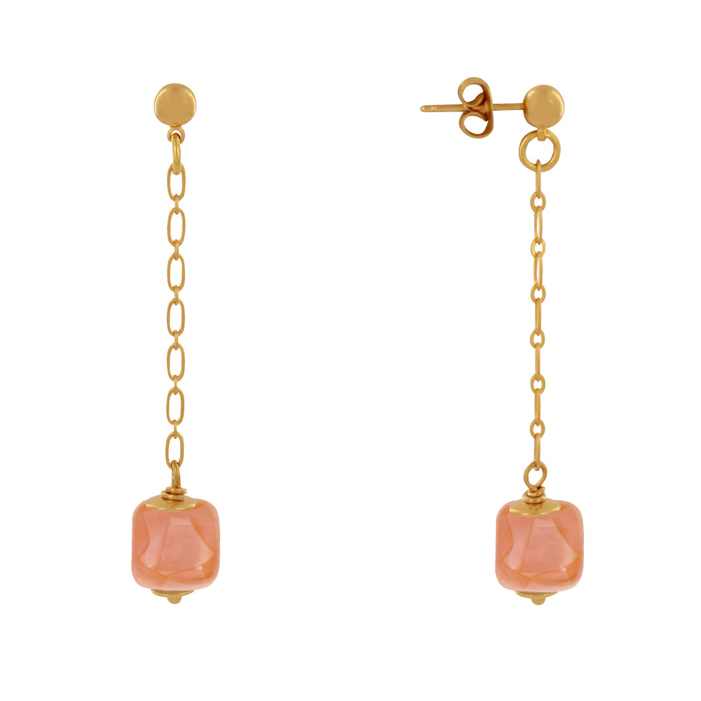 LES POULETTES BIJOUX Boucles d'Oreilles Chainette Laiton Doré et Cube en Céramique -