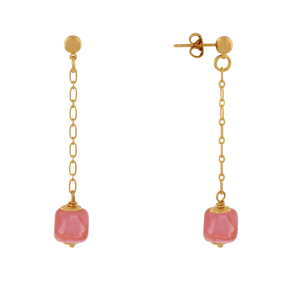 LES POULETTES BIJOUX Boucles d'Oreilles Chainette Laiton Doré et Cube en Céramique -