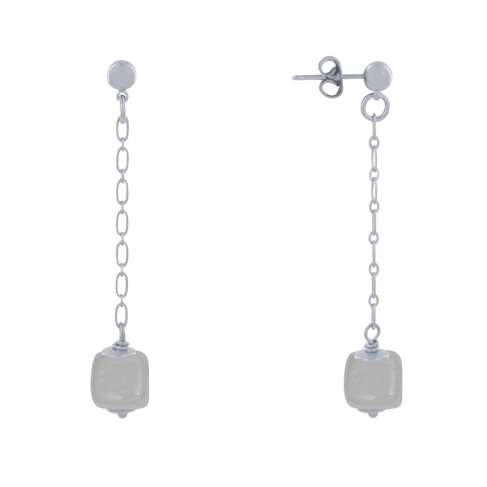 LES POULETTES BIJOUX Boucles d'Oreilles Chainette Laiton Argenté et Cube en Céramique
