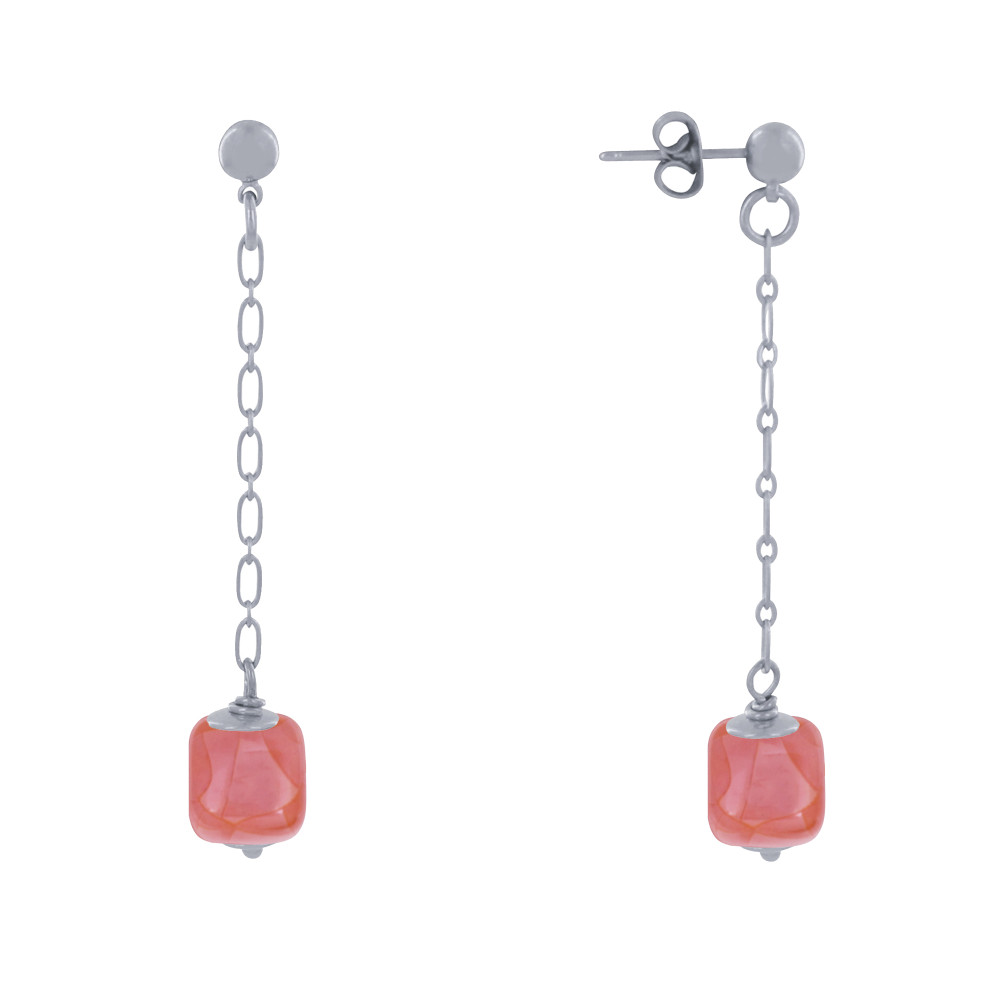 LES POULETTES BIJOUX Boucles d'Oreilles Chainette Laiton Argenté et Cube en Céramiqu