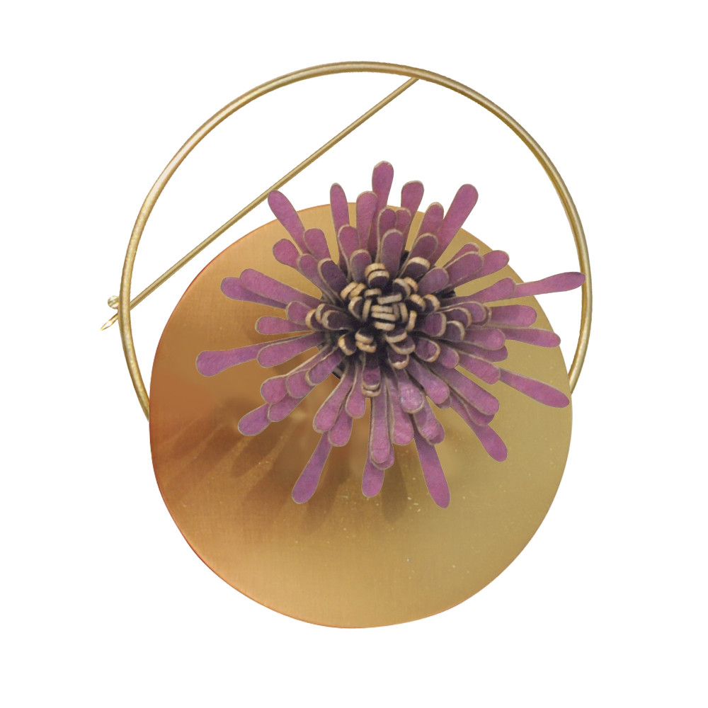 LES POULETTES BIJOUX Broche Laiton Anneau Capsule et Anémone en Cuir - Fuchsia