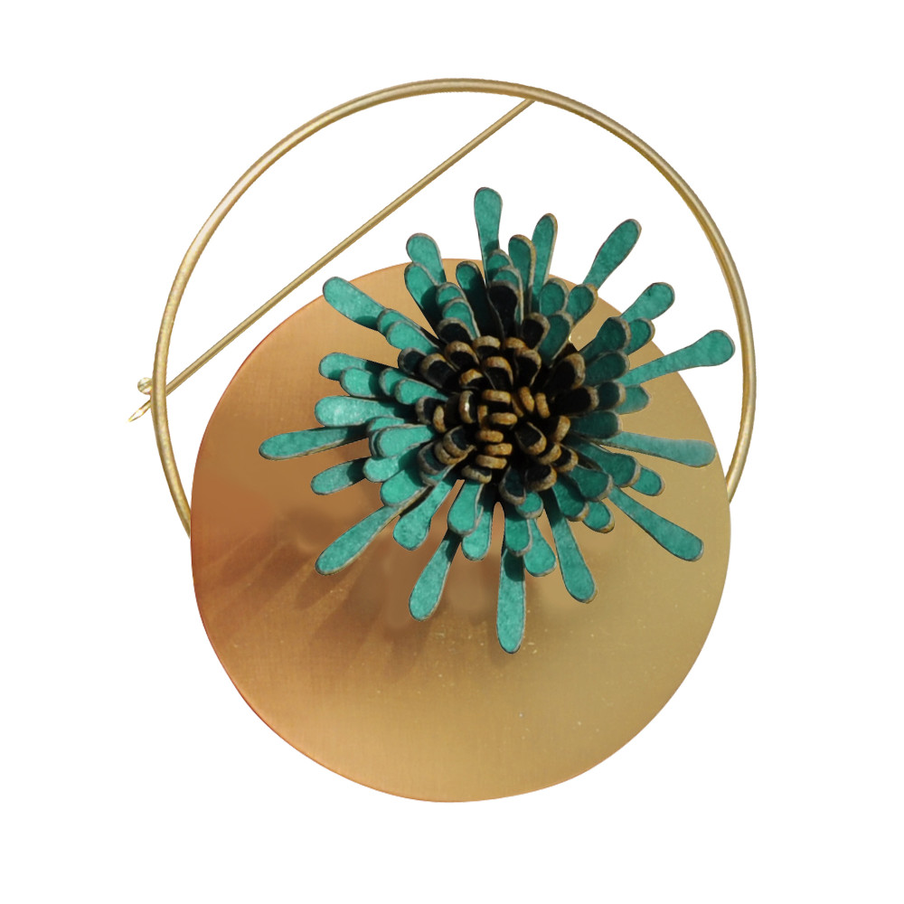 LES POULETTES BIJOUX Broche Laiton Anneau Capsule et Anémone en Cuir - Turquoise