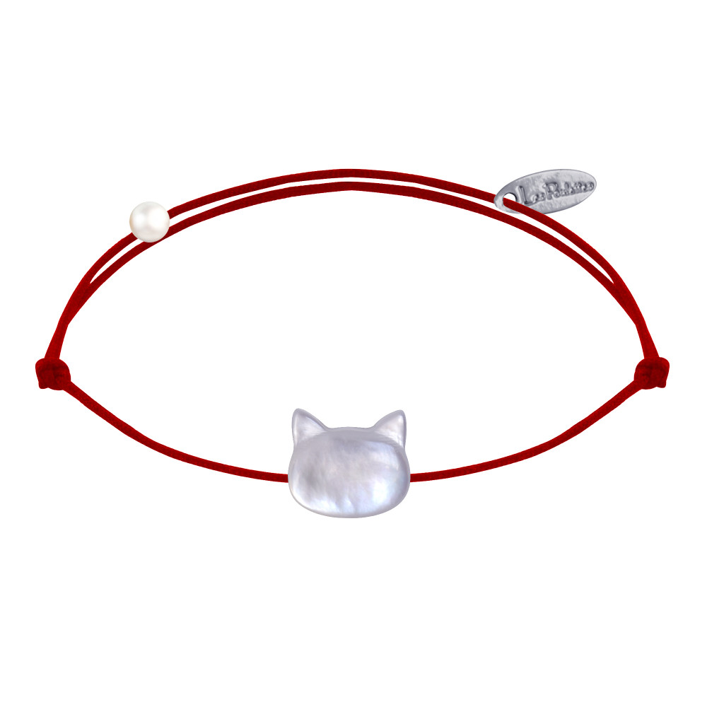 LES POULETTES BIJOUX Bracelet Lien Tête de Chat en Nacre - Rouge