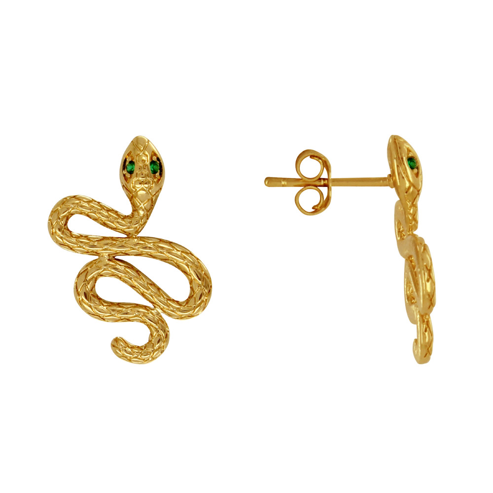 LES POULETTES BIJOUX - Boucles d'Oreilles Plaqué Or Serpent aux Yeux Verts