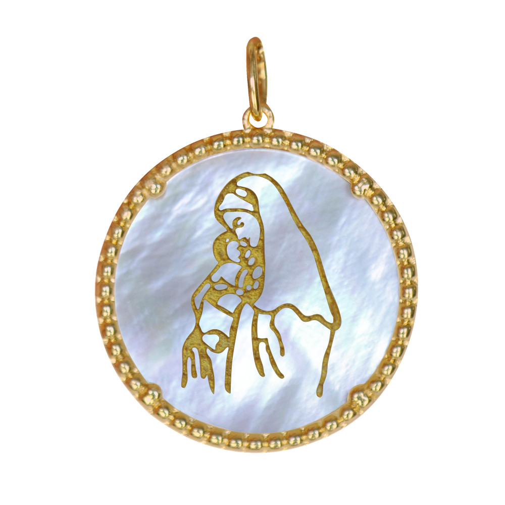 LES POULETTES BIJOUX - Pendentif Plaqué Or Médaille Ronde en Nacre Vierge à l'Enfant