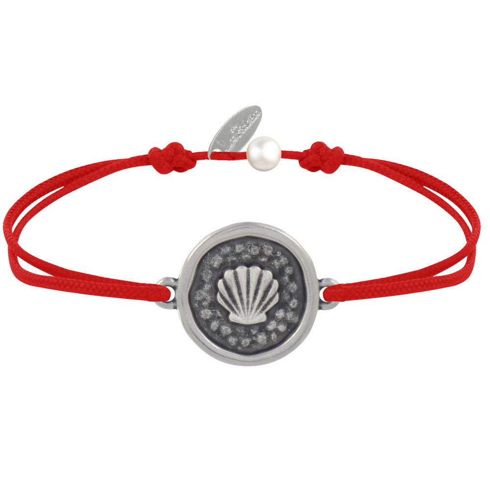 LES POULETTES BIJOUX Bracelet Lien Médaille Ronde Laiton Argenté Coquillage - Rouge