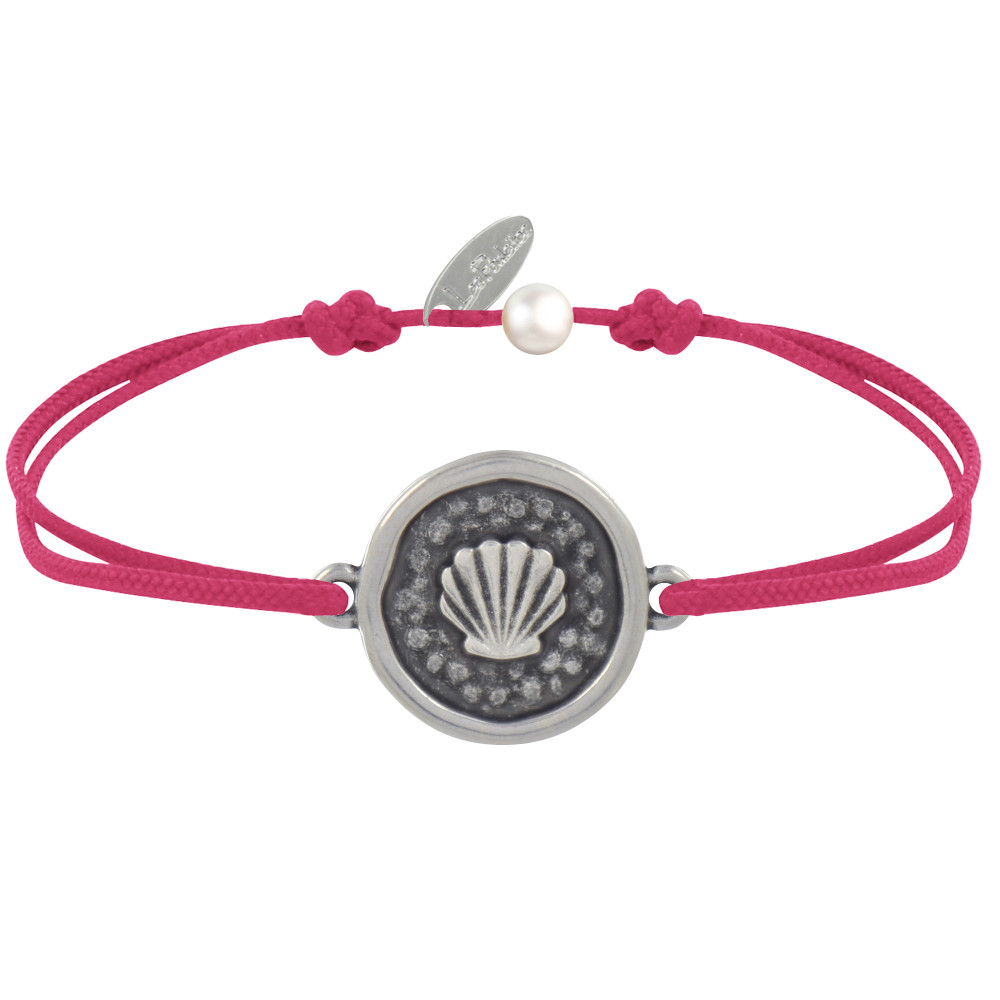 LES POULETTES BIJOUX Bracelet Lien Médaille Ronde Laiton Argenté Coquillage - Fuchsia