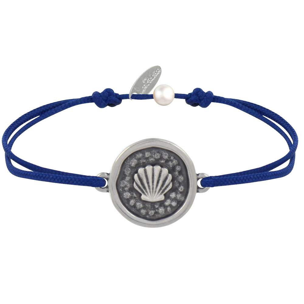 LES POULETTES BIJOUX Bracelet Lien Médaille Ronde Laiton Argenté Coquillage - Bleu N