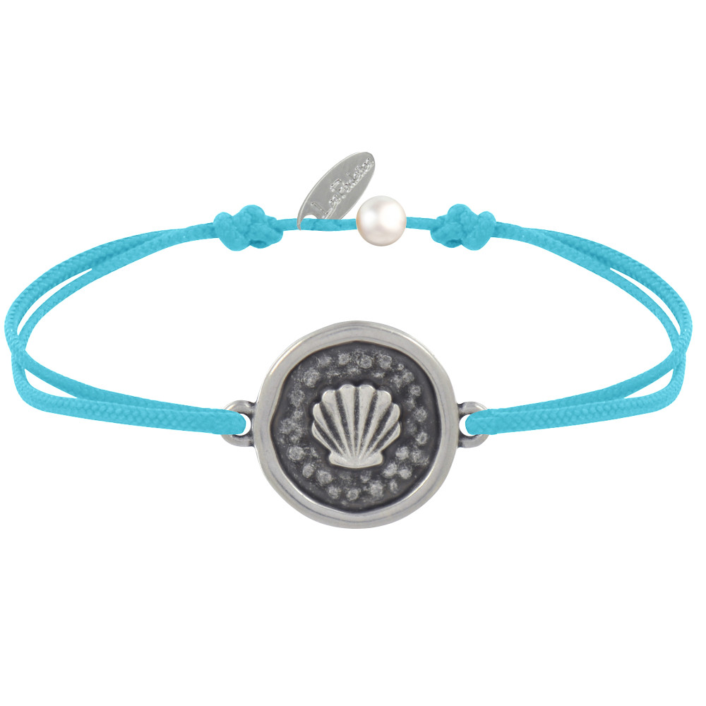 LES POULETTES BIJOUX Bracelet Lien Médaille Ronde Laiton Argenté Coquillage - Turquo
