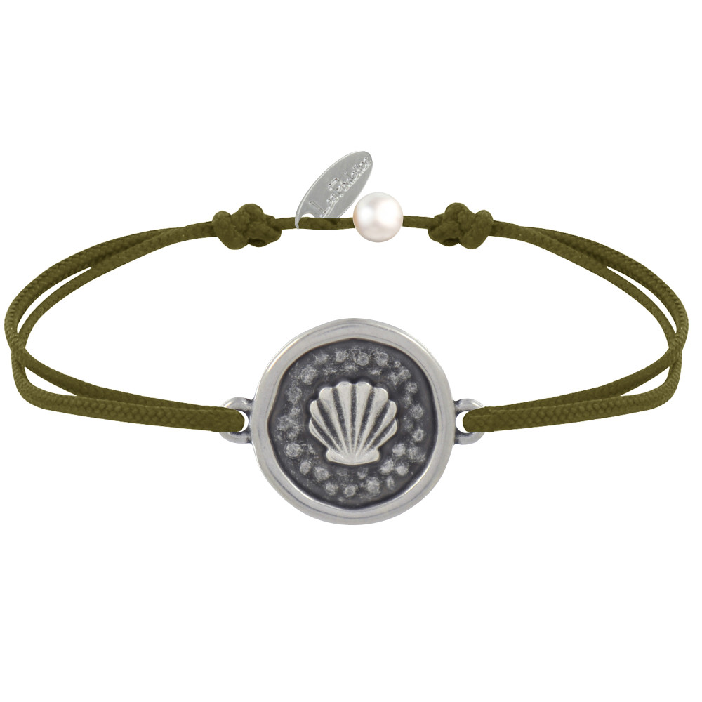 LES POULETTES BIJOUX Bracelet Lien Médaille Ronde Laiton Argenté Coquillage - Vert k