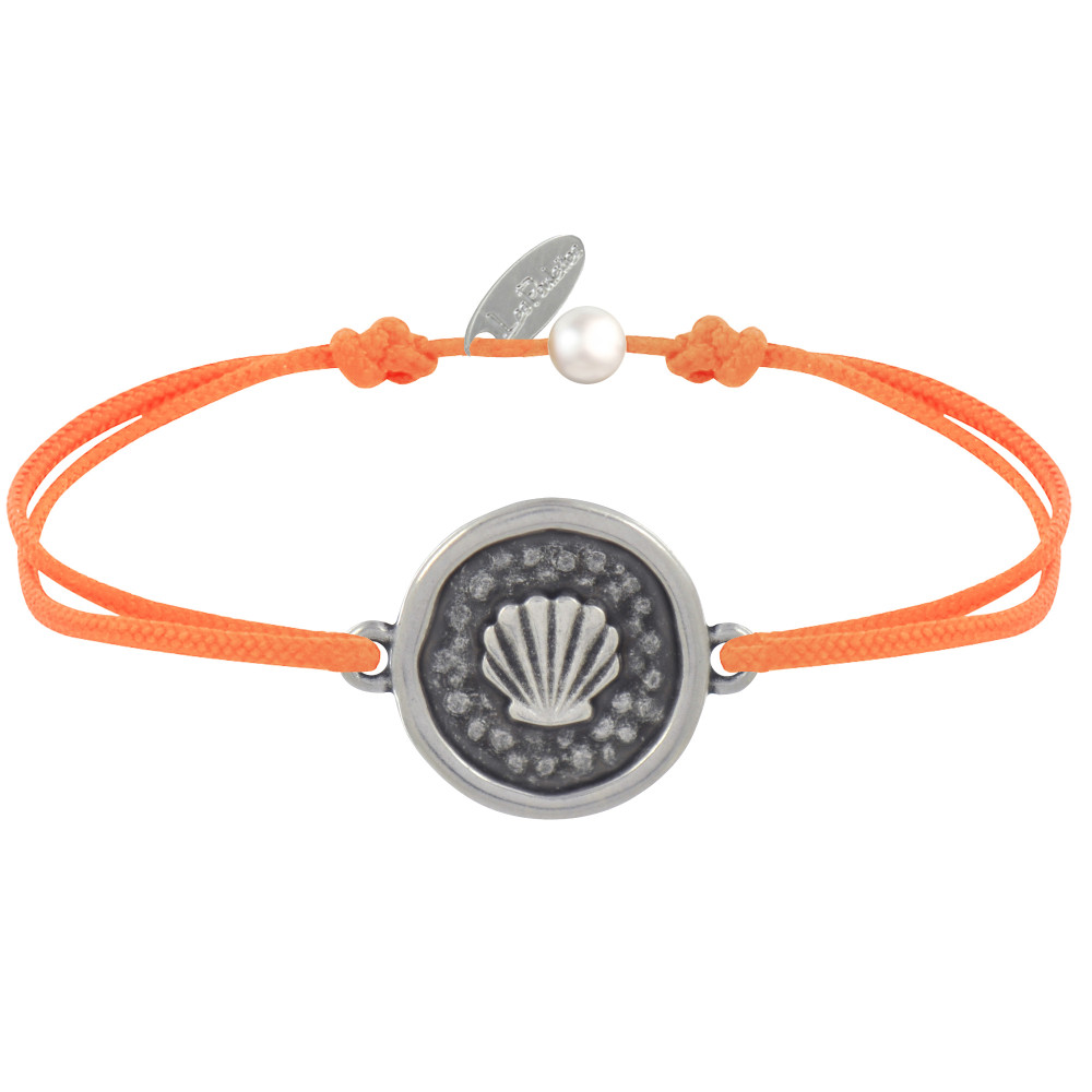 LES POULETTES BIJOUX Bracelet Lien Médaille Ronde Laiton Argenté Coquillage - Orange