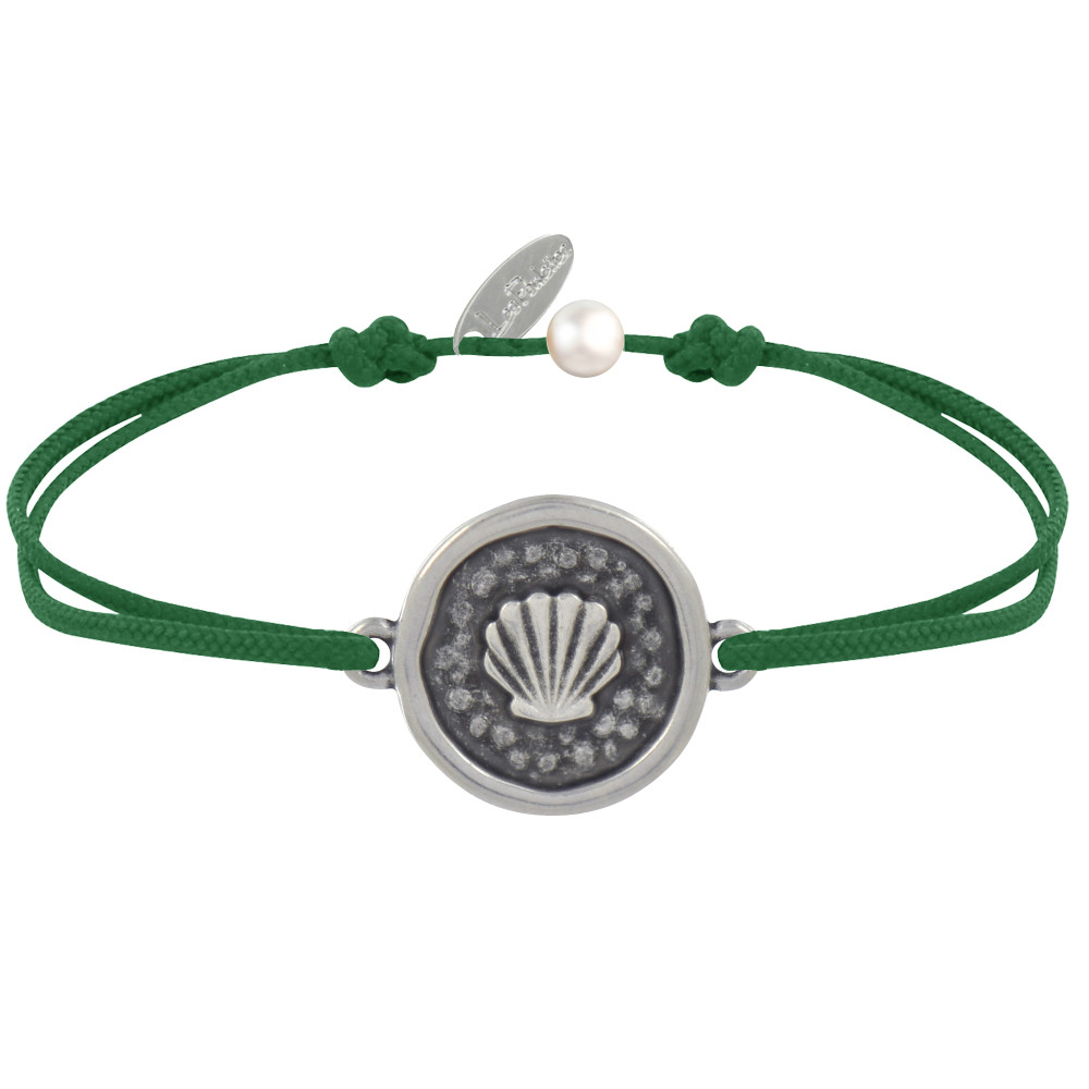 LES POULETTES BIJOUX Bracelet Lien Médaille Ronde Laiton Argenté Coquillage - Vert F