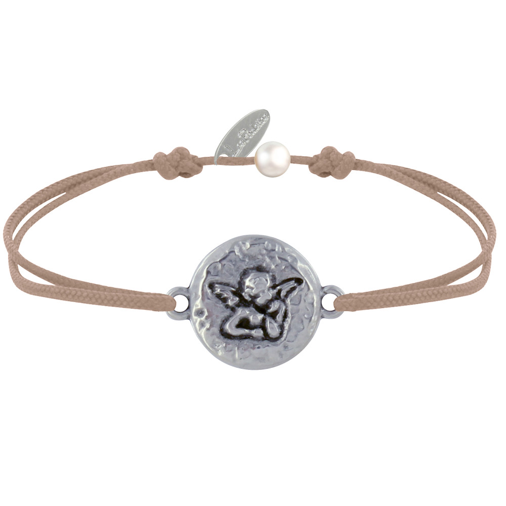 LES POULETTES BIJOUX Bracelet Lien Médaille Ronde Martelée Laiton Argenté Ange Rapha