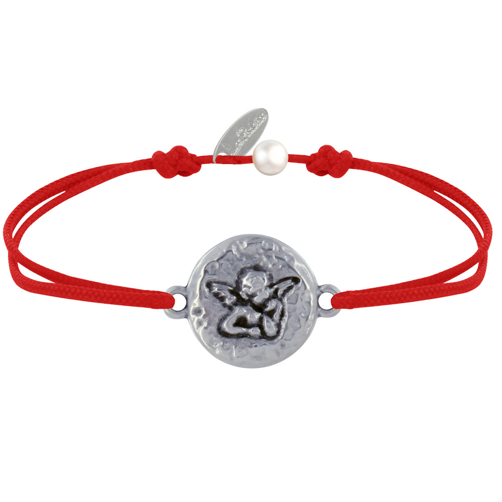 LES POULETTES BIJOUX Bracelet Lien Médaille Ronde Martelée Laiton Argenté Ange Rapha