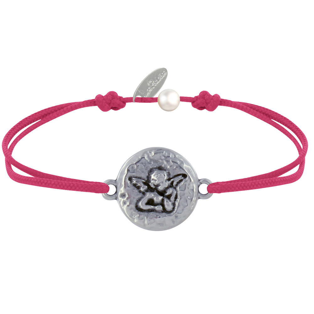 LES POULETTES BIJOUX Bracelet Lien Médaille Ronde Martelée Laiton Argenté Ange Rapha