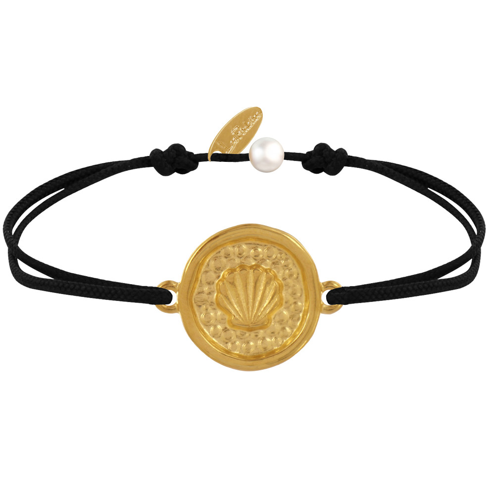 LES POULETTES BIJOUX Bracelet Lien Médaille Ronde Laiton Doré Coquillage - Noir