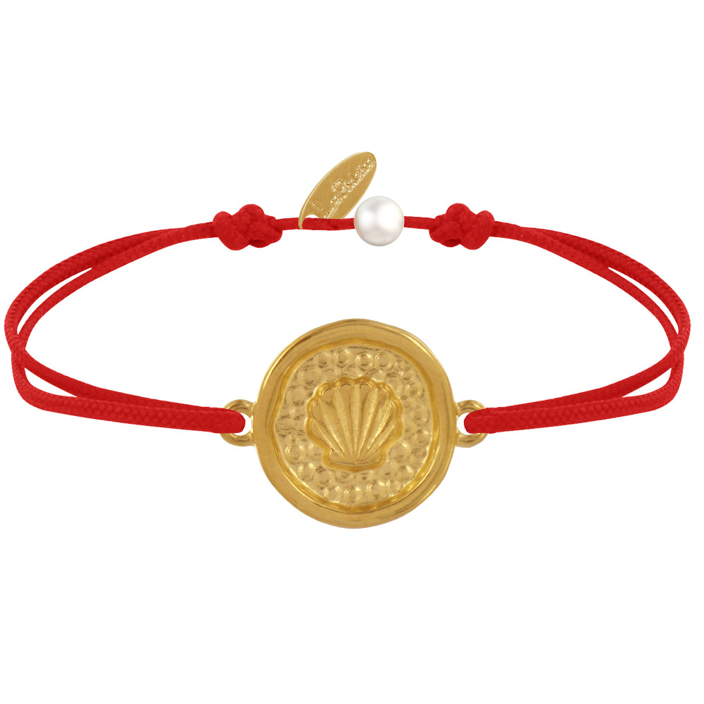 LES POULETTES BIJOUX Bracelet Lien Médaille Ronde Laiton Doré Coquillage - Rouge