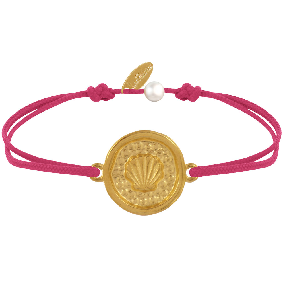 LES POULETTES BIJOUX Bracelet Lien Médaille Ronde Laiton Doré Coquillage - Fuchsia