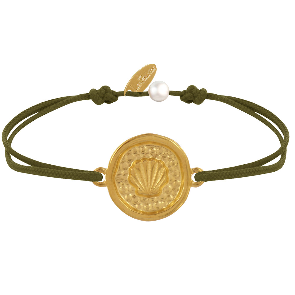 LES POULETTES BIJOUX Bracelet Lien Médaille Ronde Laiton Doré Coquillage - Vert kaki
