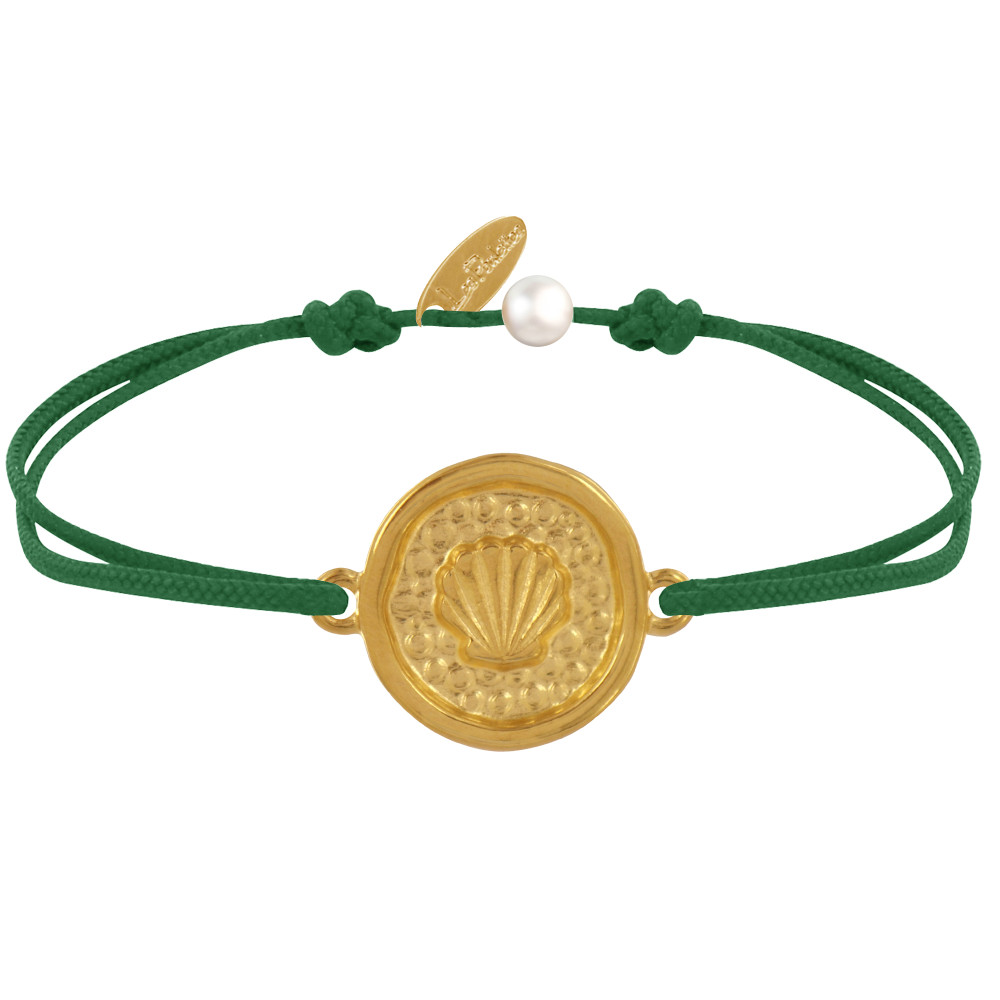 LES POULETTES BIJOUX Bracelet Lien Médaille Ronde Laiton Doré Coquillage - Vert Foncé