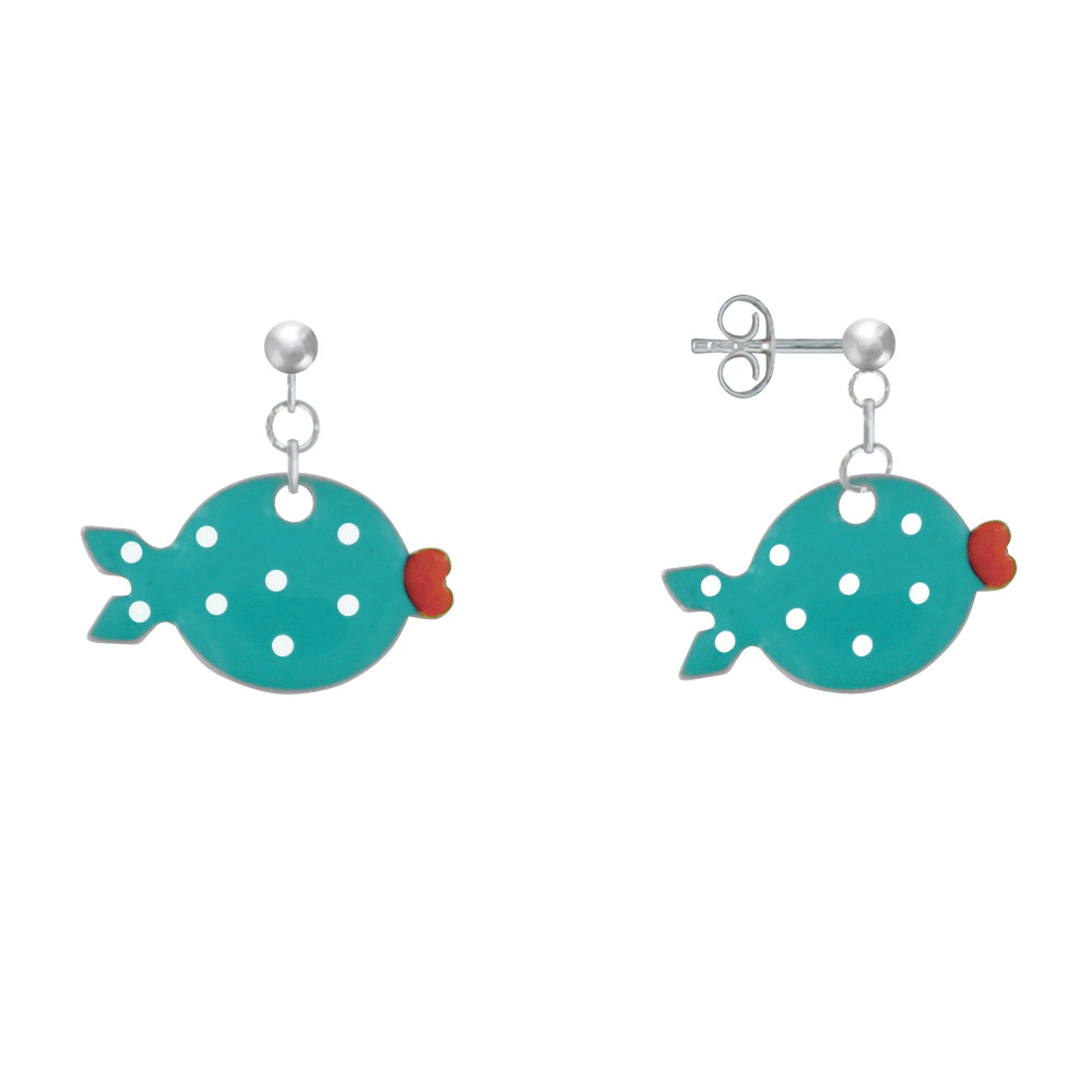LES POULETTES BIJOUX Boucles d'Oreilles Argent 925 Petit Poisson à Pois Emaillée - T