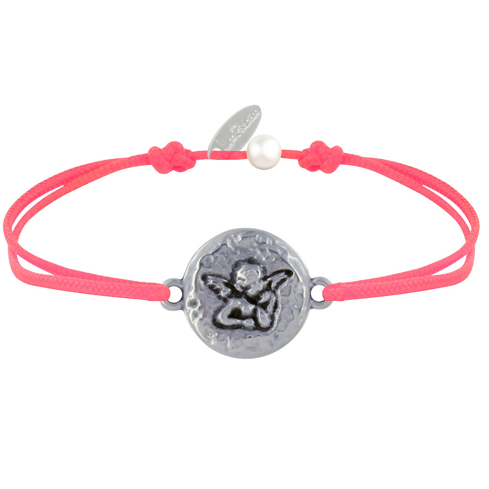 LES POULETTES BIJOUX Bracelet Lien Médaille Ronde Martelée Laiton Argenté Ange Rapha