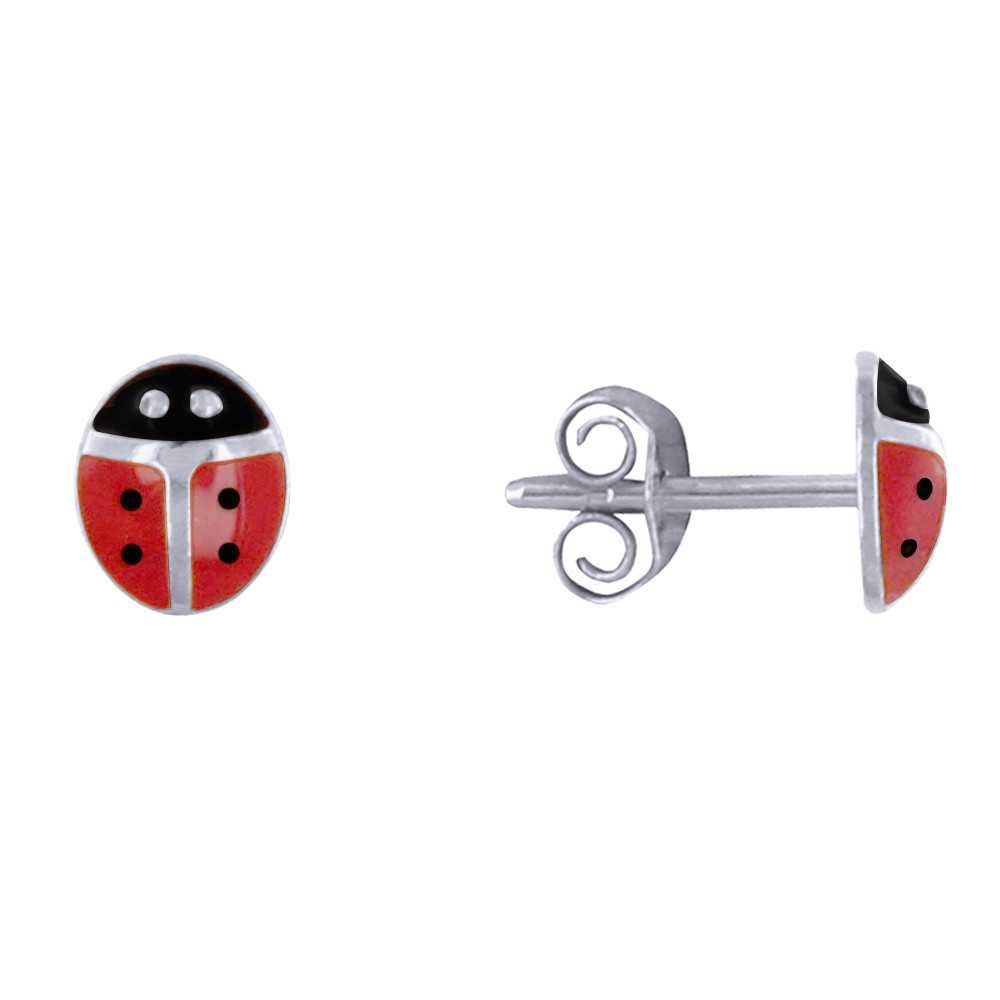 LES POULETTES BIJOUX - Boucles d'Oreilles Clous Argent Coccinelle Rouge et Noire