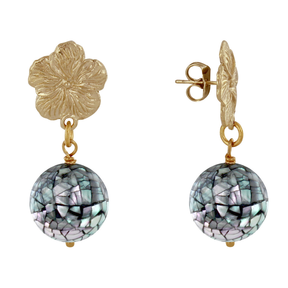 LES POULETTES BIJOUX Boucles d'Oreilles Clous Métal Doré Fleur et Perle de Nacre Fac