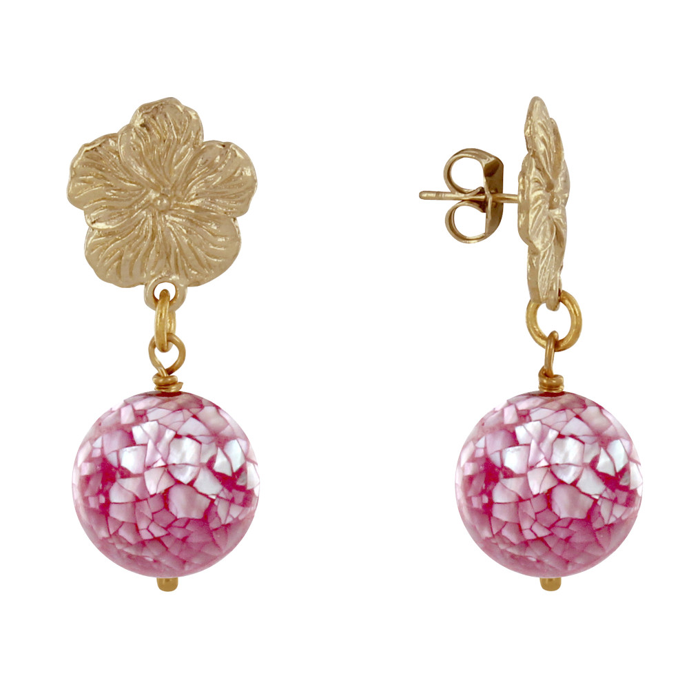 LES POULETTES BIJOUX Boucles d'Oreilles Clous Métal Doré Fleur et Perle de Nacre Fac