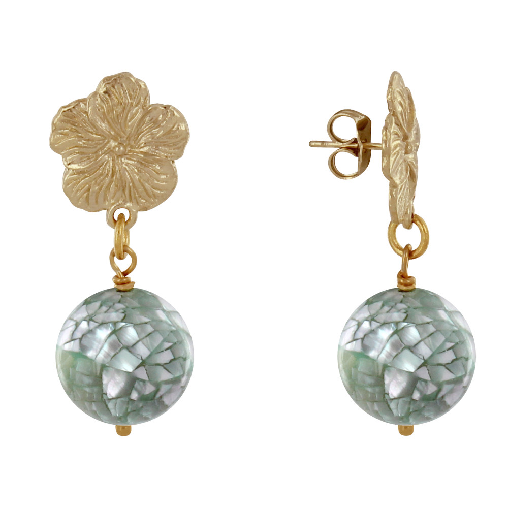 LES POULETTES BIJOUX Boucles d'Oreilles Clous Métal Doré Fleur et Perle de Nacre Fac