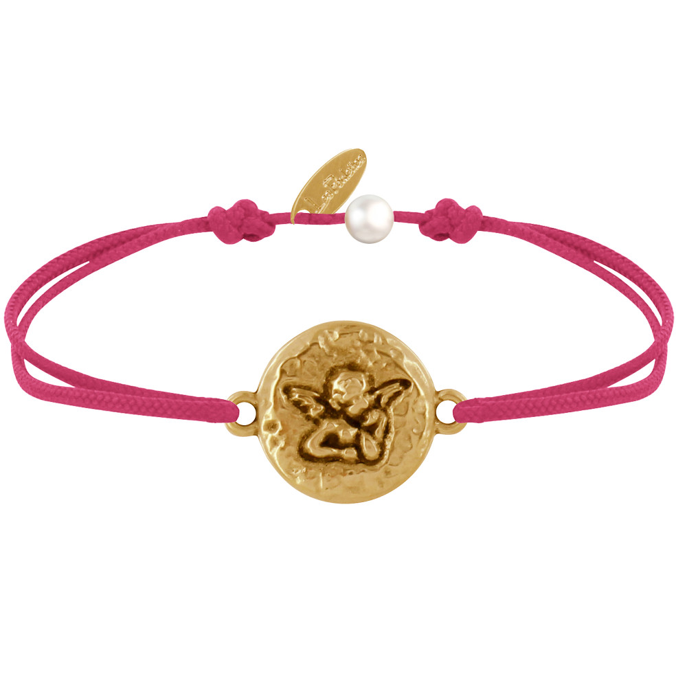 LES POULETTES BIJOUX Bracelet Lien Médaille Ronde Martelée Laiton Doré Ange Raphaël