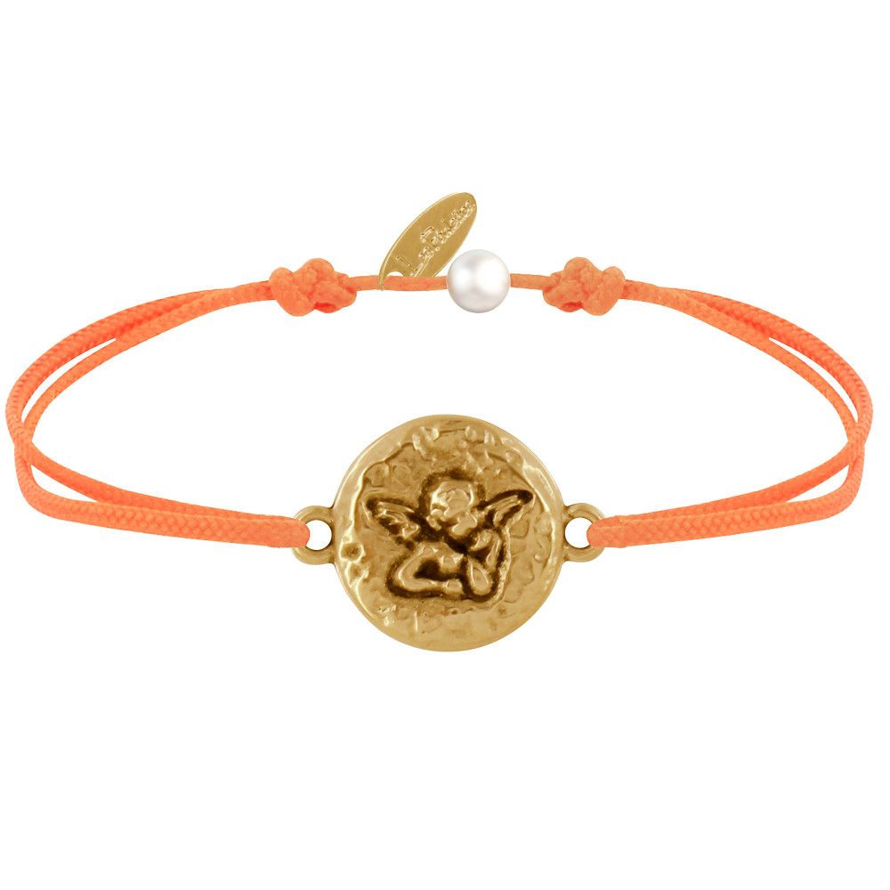 LES POULETTES BIJOUX Bracelet Lien Médaille Ronde Martelée Laiton Doré Ange Raphaël
