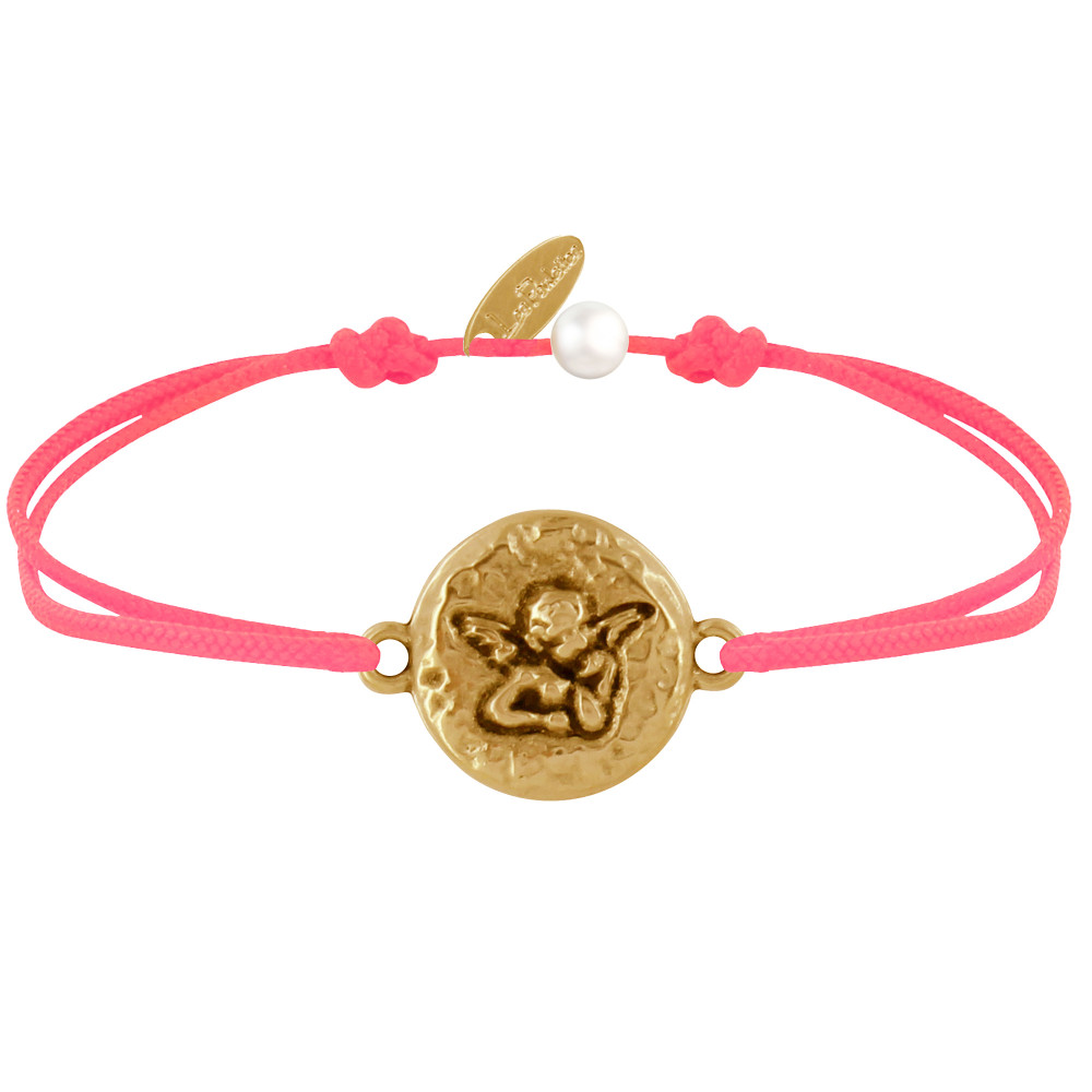 LES POULETTES BIJOUX Bracelet Lien Médaille Ronde Martelée Laiton Doré Ange Raphaël