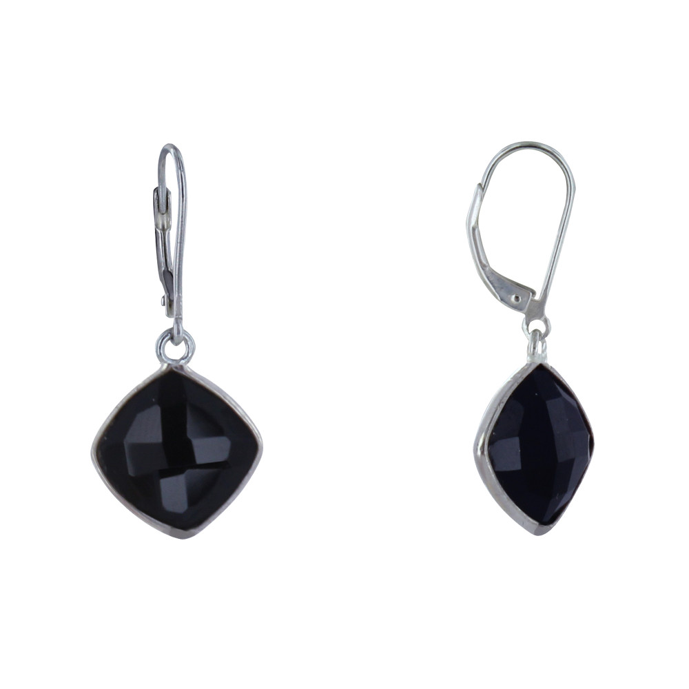 LES POULETTES BIJOUX Boucles d'Oreilles Argent Carré d'Onyx Noir Facettée