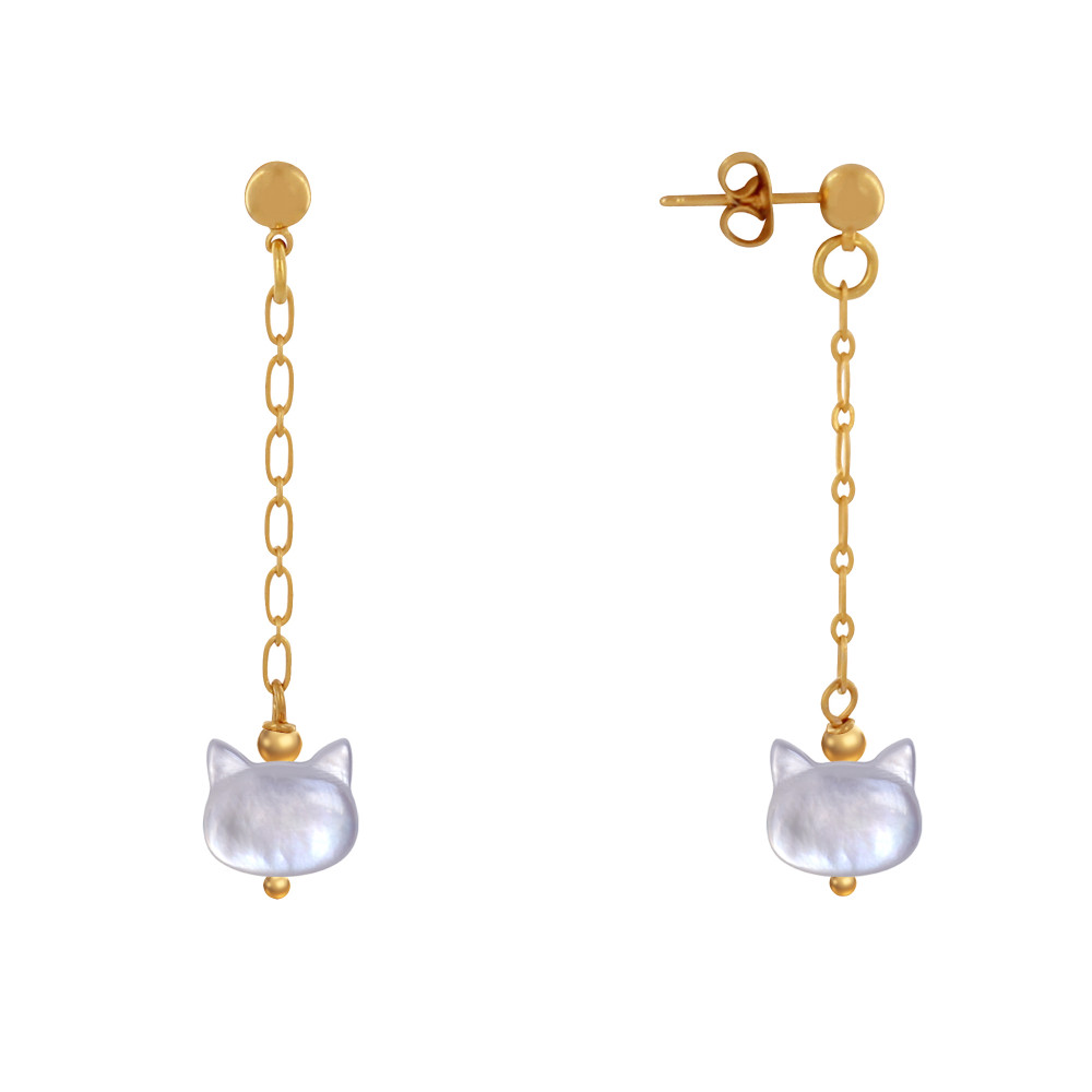 LES POULETTES BIJOUX Boucles d'Oreilles Chainette Laiton Doré et Tête de Chat en Nac