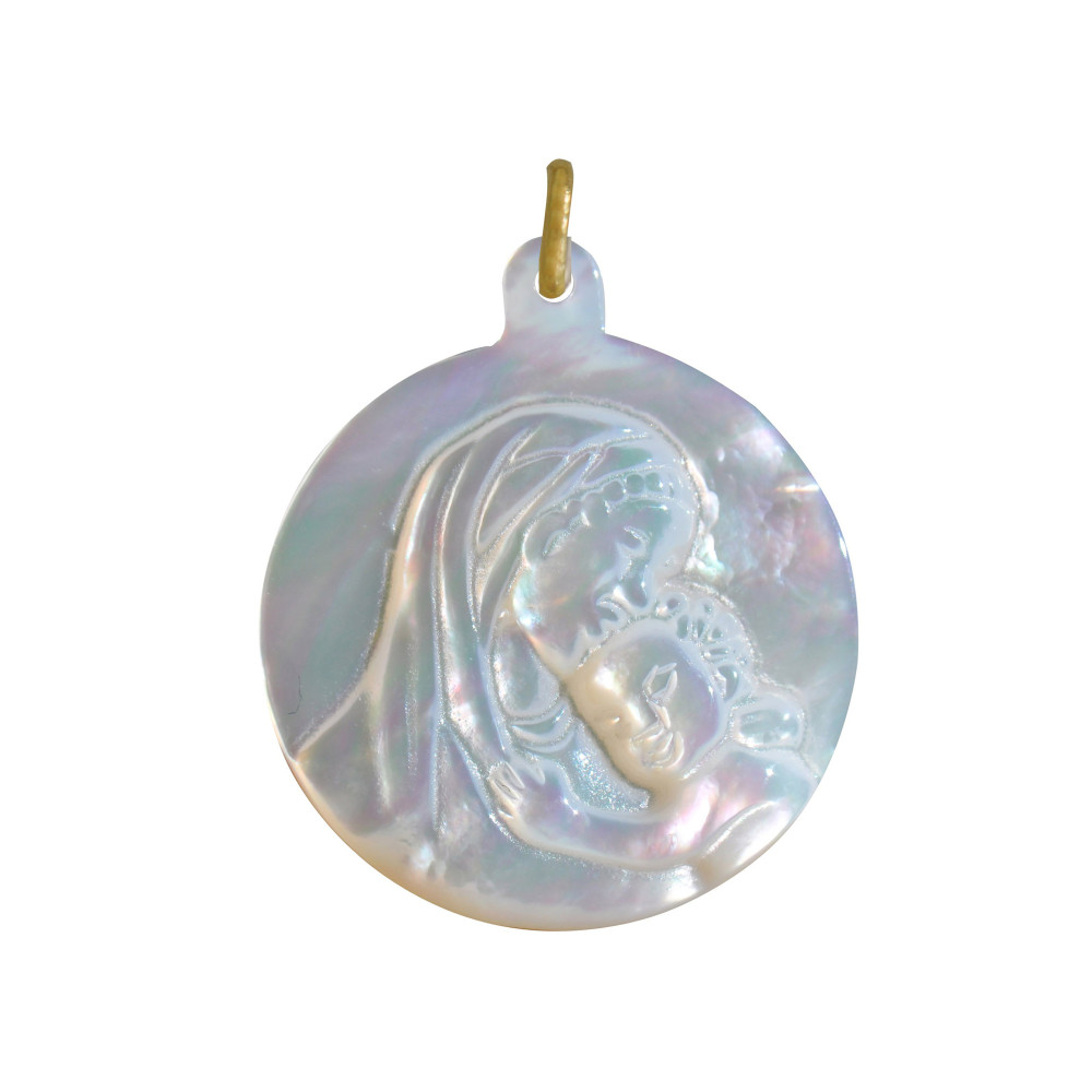 LES POULETTES BIJOUX Pendentif Religieux en Nacre Ronde Vierge à l'Enfant 2cm