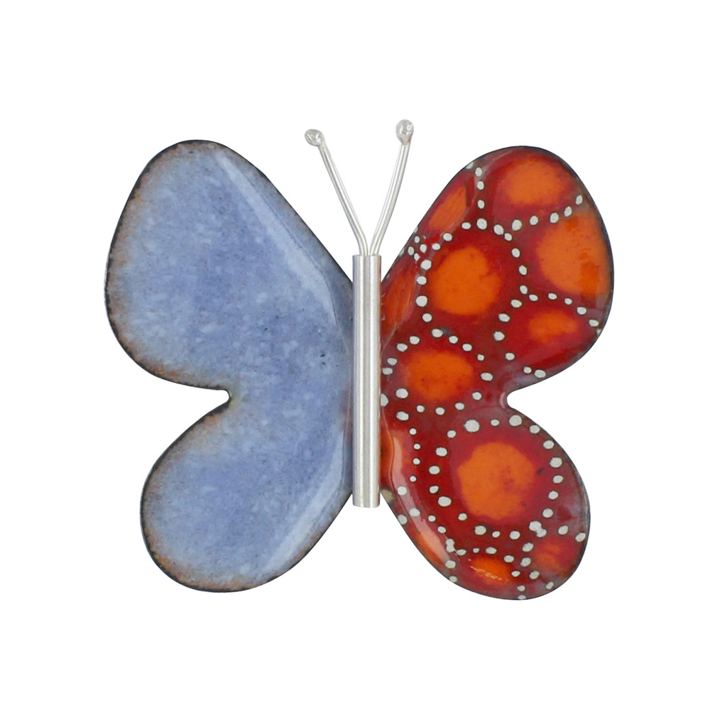 LES POULETTES BIJOUX Broche Papillon Émaillé Bleu et Une Aile Rouge à Pois Orange