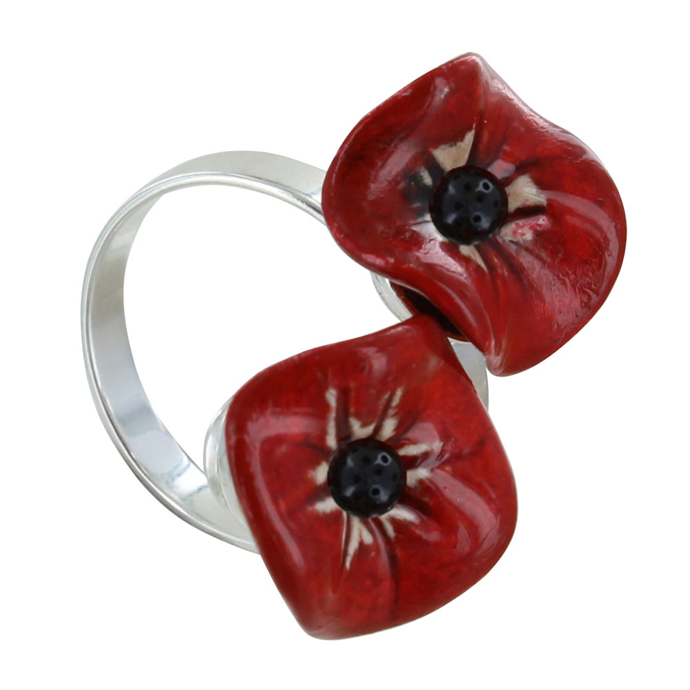 LES POULETTES BIJOUX Bague Métal Argenté Deux Petits Coquelicots Céramique Rouge