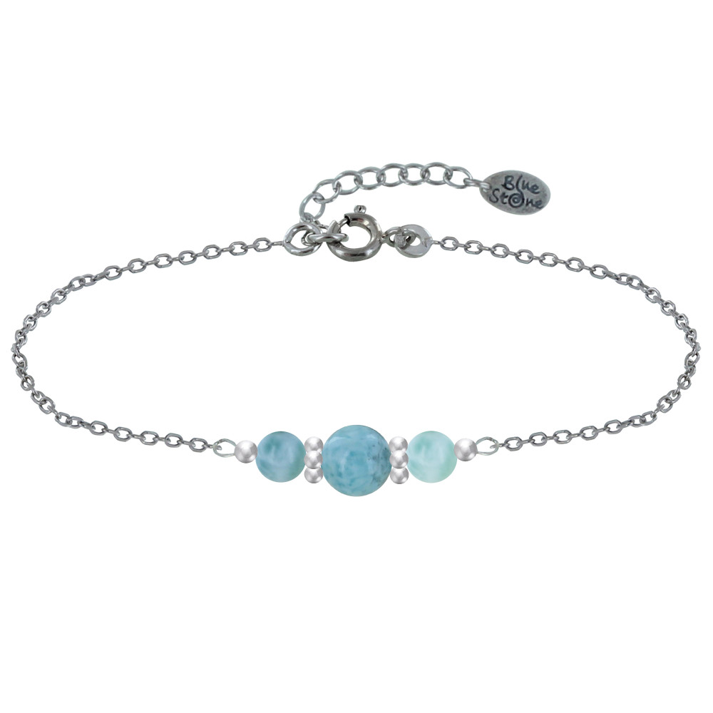 LES POULETTES BIJOUX - Bracelet Chaine Argent Trois Perles de Larimar Anneaux de Bil