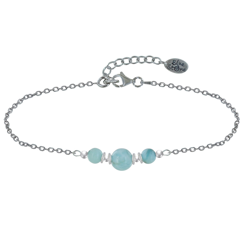 LES POULETTES BIJOUX Bracelet Chaine Argent Trois Perles de Larimar Anneaux et Perle