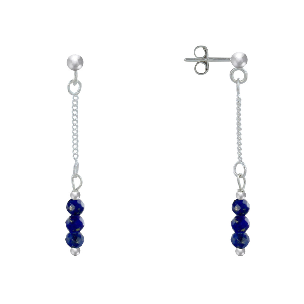 LES POULETTES BIJOUX Boucles d'Oreilles Argent Chainette 3 Perles Facettées de Lapis