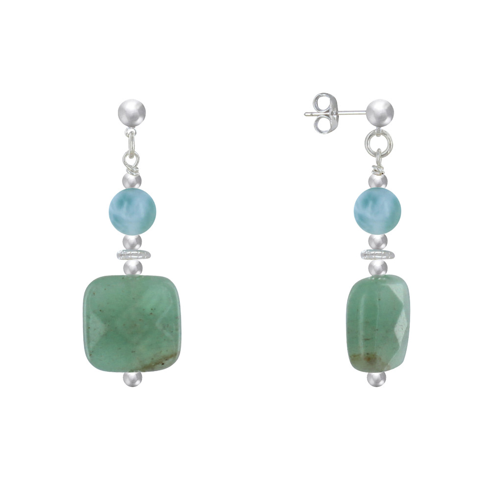 LES POULETTES BIJOUX Boucles d'Oreilles Argent Perle de Larimar et Carré Facetté d'A