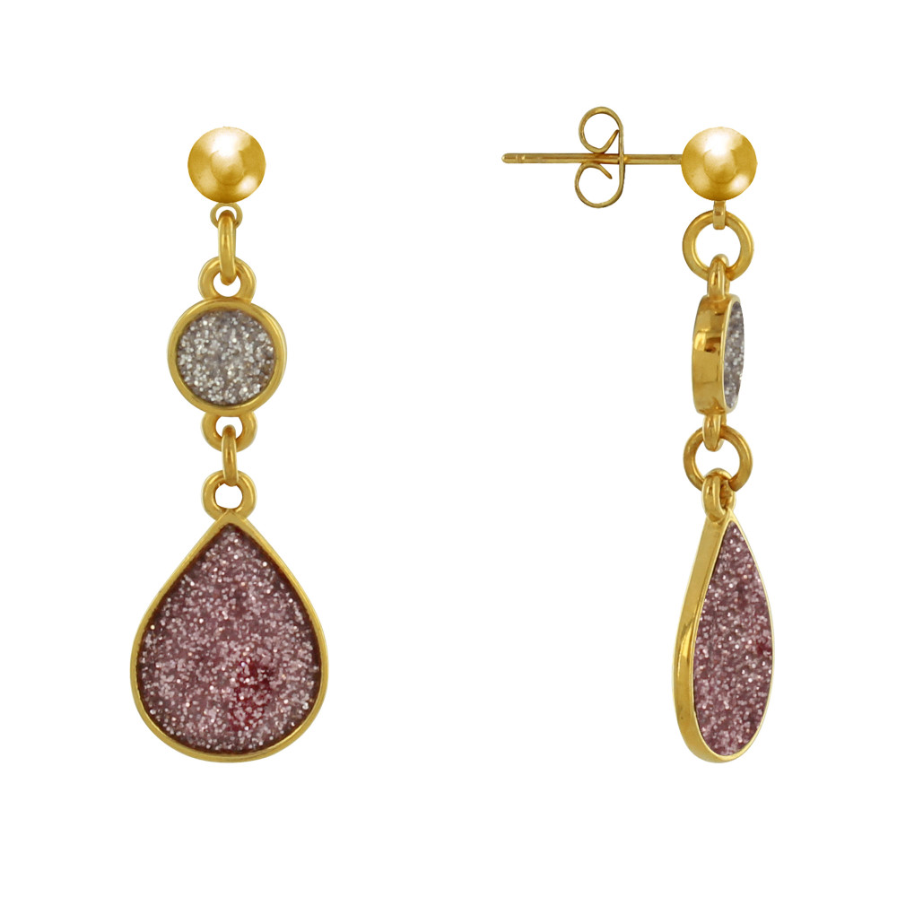 LES POULETTES BIJOUX Boucles d'Oreilles Laiton Doré Disque et Goutte Résine Pailleté