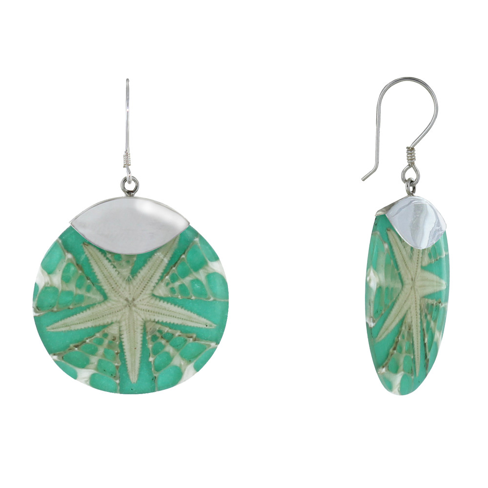 LES POULETTES BIJOUX Boucles d'Oreilles Argent 925 Disque Etoile de Mer - Vert d'Eau